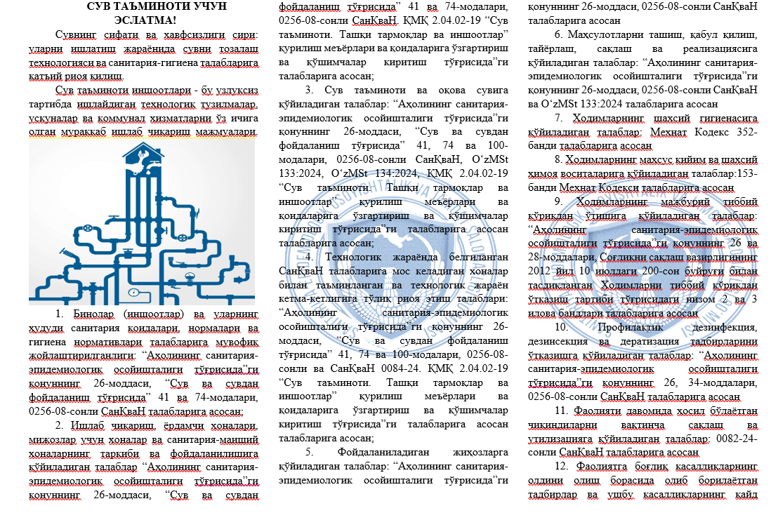 СУВ ТАЪМИНОТИ УЧУН   ЭСЛАТМА!