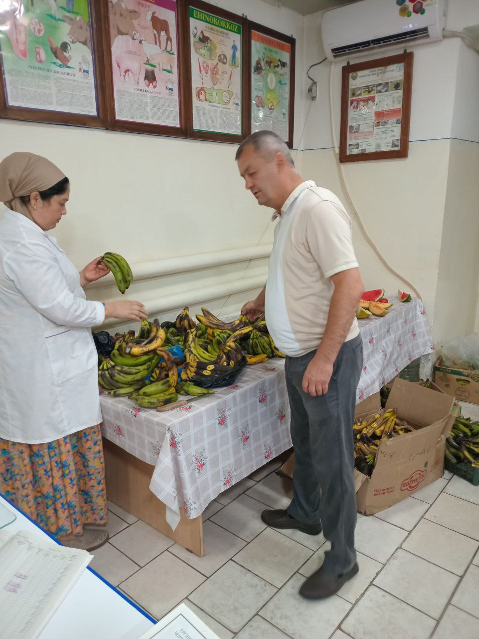 Урганч шахар чорвачиликни ривожлантириш ва ветеринария ходимлари билан биргаликда Урганч Марказий Дехқон бозорида истеъмолга яроқсиз холга келган 540 кг банан мевасини савдодан олиниб тегишли тартибда йўқ қилинди